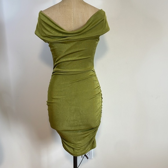 Y2K Soft Grunge Mini Dress Small 00s Green Ruched Glow Passion Spandex Brat Rave - Picture 7 of 13